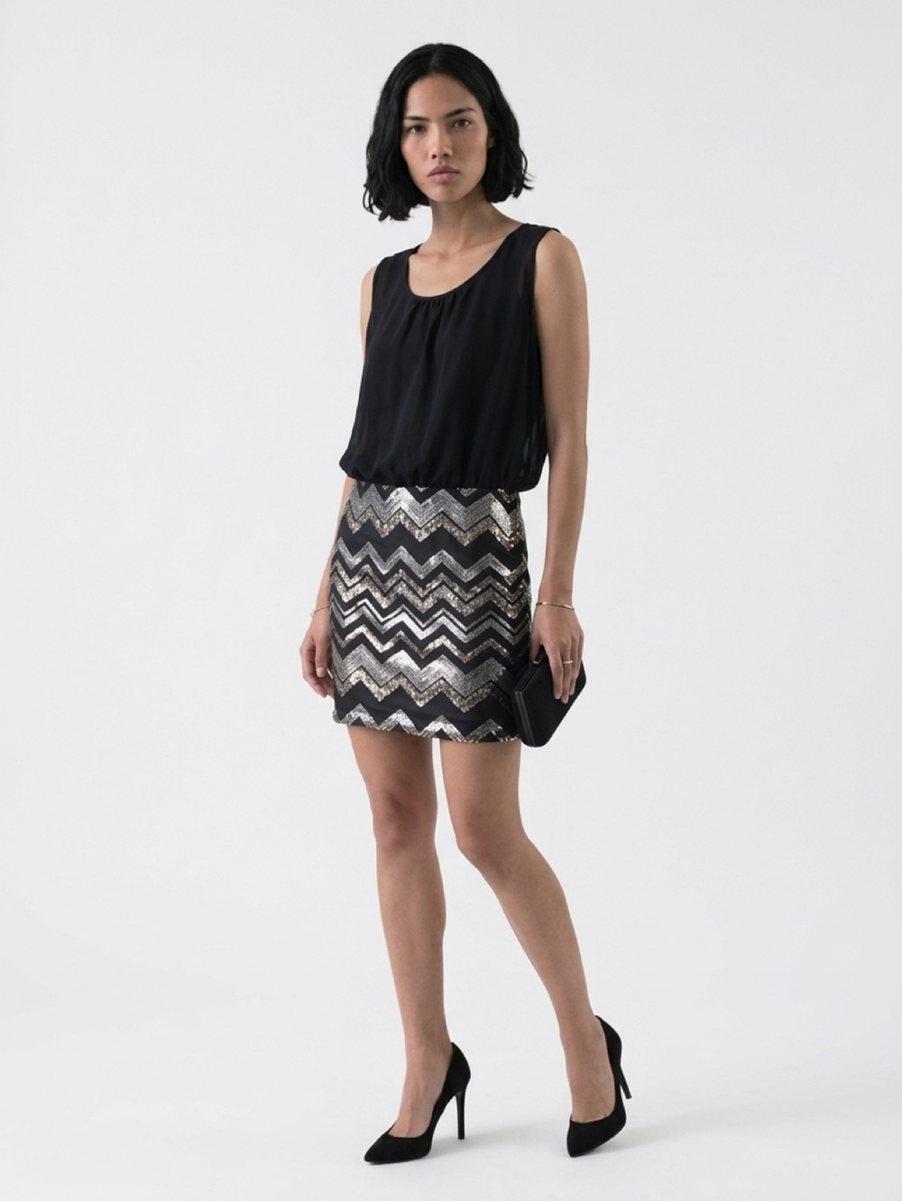 Black & Silver Chevron Sequin Mini Dress